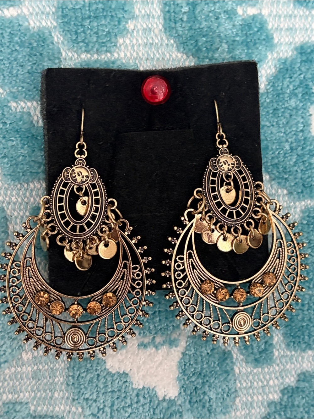 No Brand Gold-Tone Bohemian Style Large Dangle Earrings With (5) Sm.Amber Stones